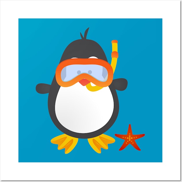 Cute Snorkeling Penguin with Starfish Wall Art by bluerockproducts